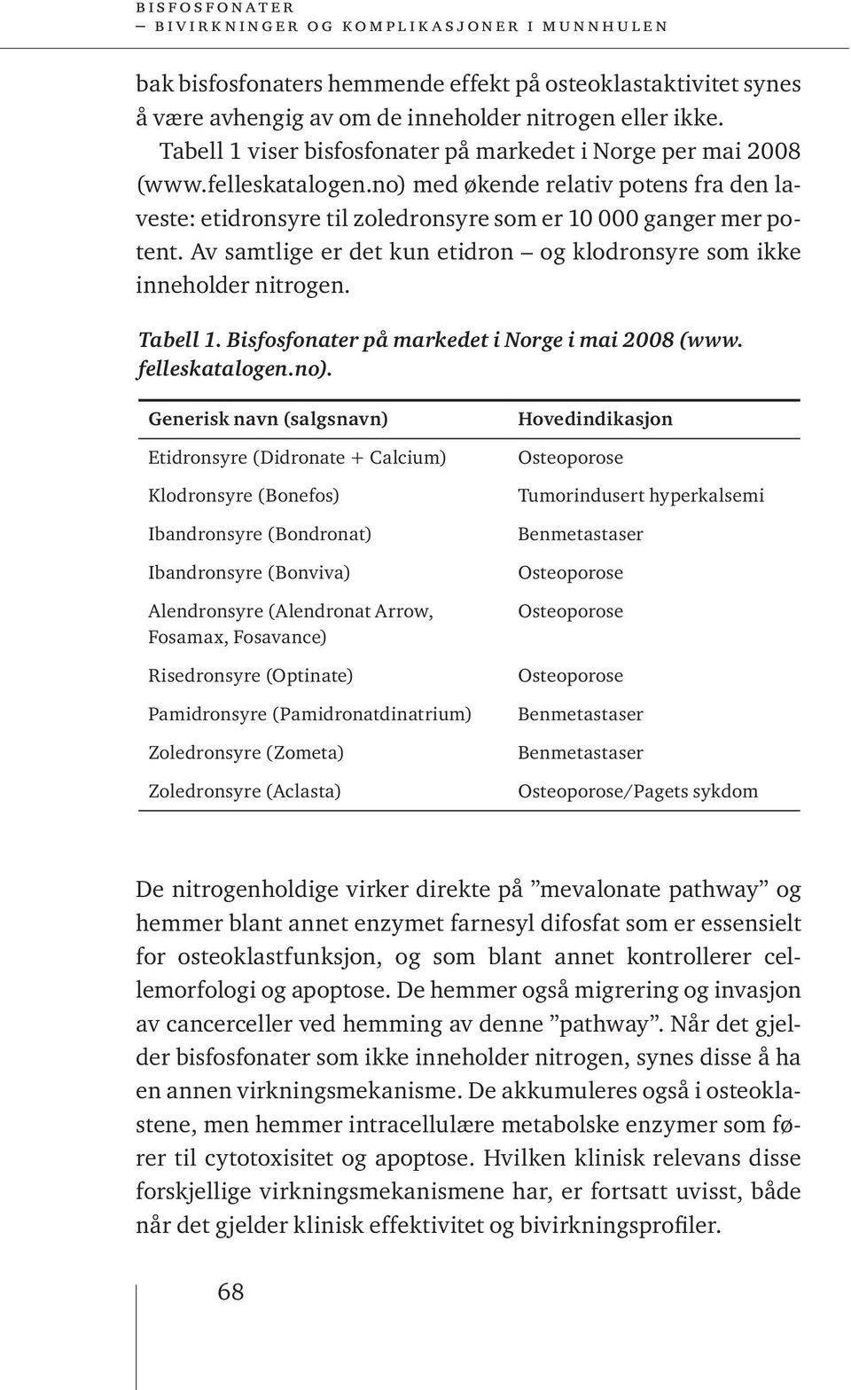 Tabell 1. Bisfosfonater på markedet i Norge i mai 2008 (www. felleskatalogen.no).