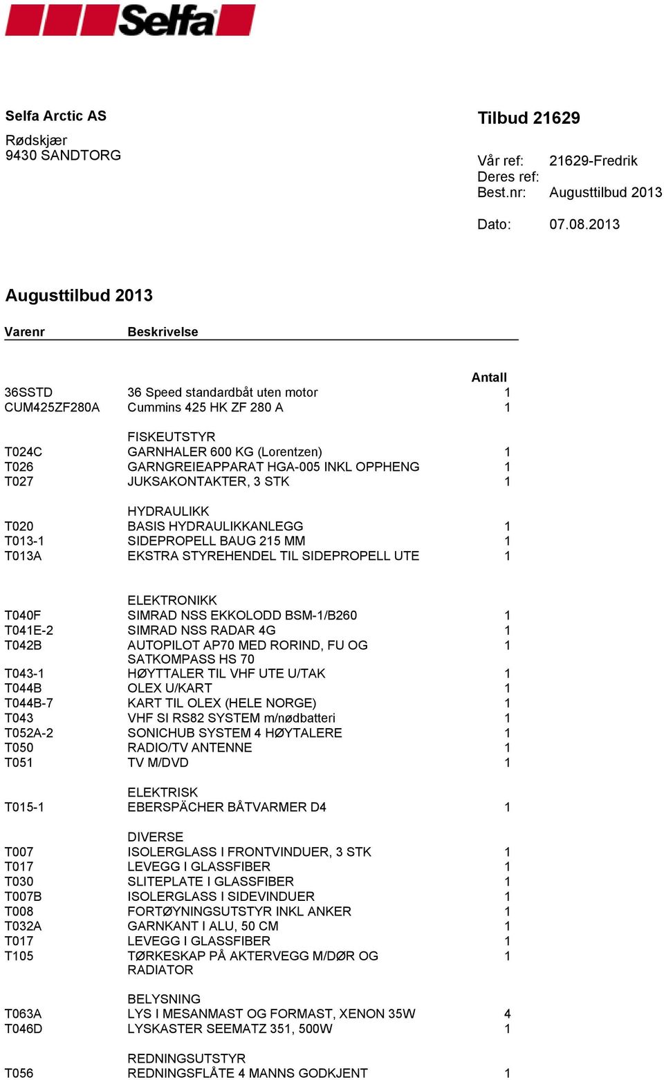 INKL OPPHENG T027 JUKSAKONTAKTER, 3 STK HYDRAULIKK T020 BASIS HYDRAULIKKANLEGG T03- SIDEPROPELL BAUG 25 MM T03A EKSTRA STYREHENDEL TIL SIDEPROPELL UTE ELEKTRONIKK T040F SIMRAD NSS EKKOLODD BSM-/B260