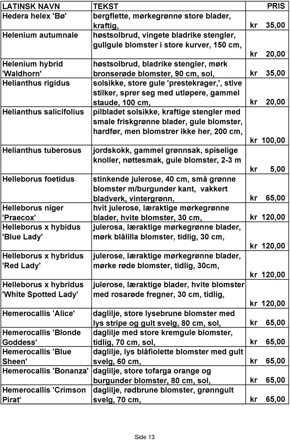 cm, 20,00 Helianthus salicifolius pilbladet solsikke, aftige stengler med smale friskgrønne blader, gule blomster, hardfør, men blomstrer ikke her, 200 cm, 100,00 Helianthus tuberosus jordskokk,