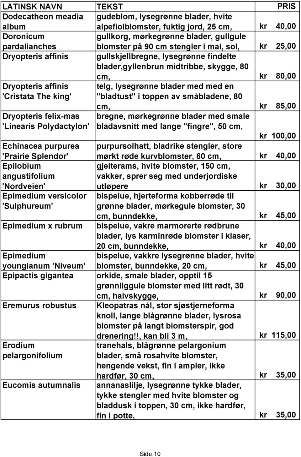 "bladtust" i toppen av småbladene, 80 Dryopteris felix-mas 'Linearis Polydactylon' Echinacea purpurea 'Prairie Splendor' Epilobium angustifolium 'Nordveien' Epimedium versicolor 'Sulphureum'