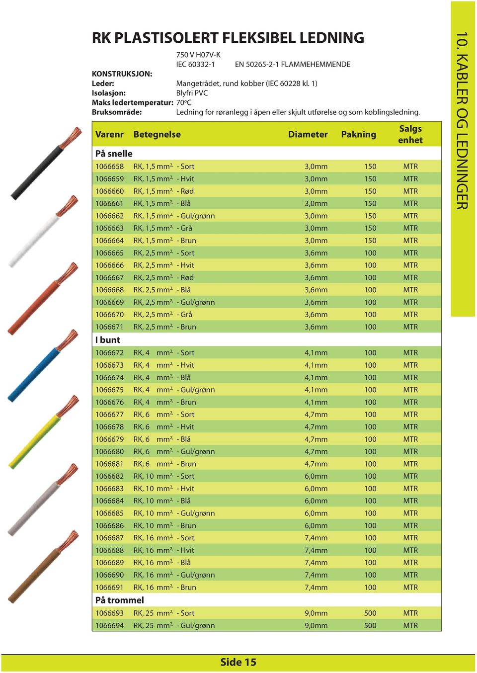 Varenr Betegnelse Diameter Pakning På snelle 1066658 RK, 1,5 mm 2, - Sort 3,0mm 150 MTR 1066659 RK, 1,5 mm 2, - Hvit 3,0mm 150 MTR 1066660 RK, 1,5 mm 2, - Rød 3,0mm 150 MTR 1066661 RK, 1,5 mm 2, -