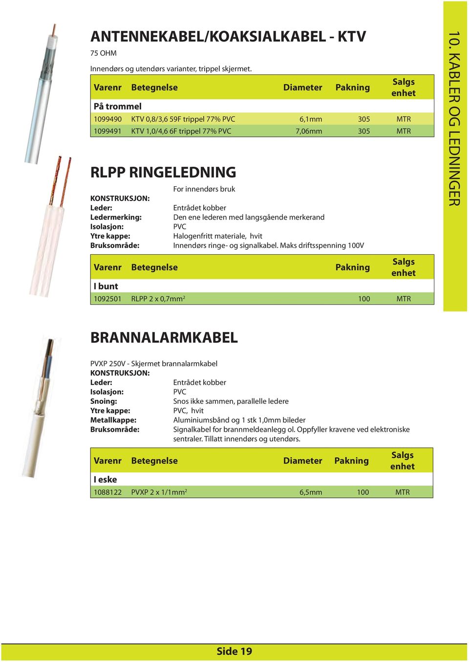 Ledermerking: Isolasjon: Ytre kappe: Bruksområde: For innendørs bruk Entrådet kobber Den ene lederen med langsgående merkerand PVC Halogenfritt materiale, hvit Innendørs ringe- og signalkabel.