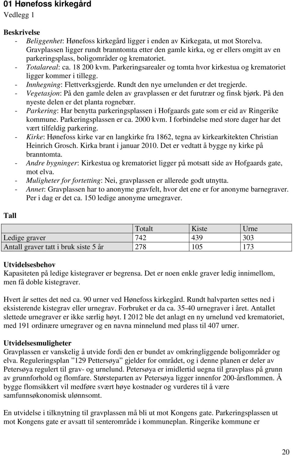 Parkeringsarealer og tomta hvor kirkestua og krematoriet ligger kommer i tillegg. - Innhegning: Flettverksgjerde. Rundt den nye urnelunden er det tregjerde.