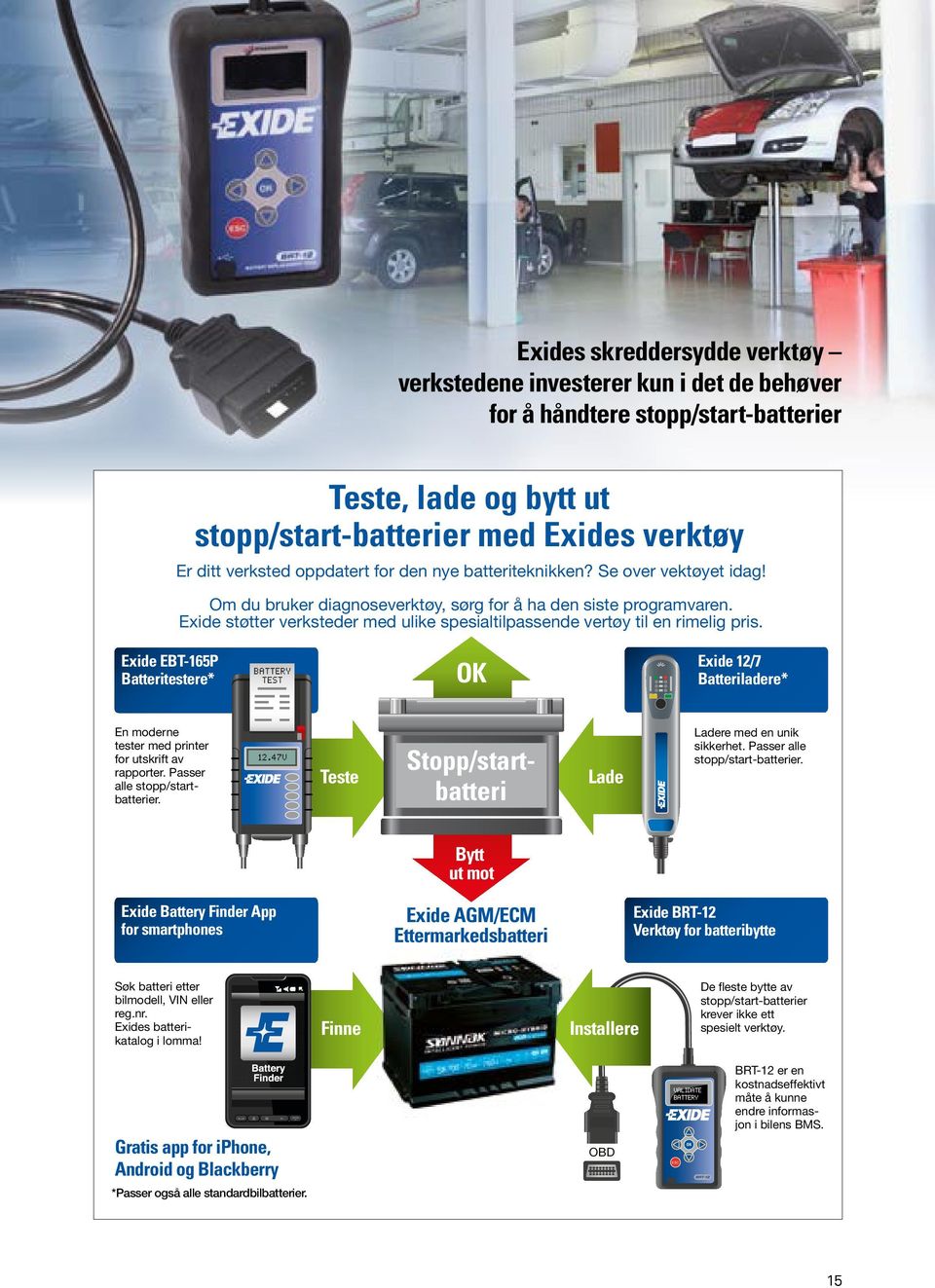 Exide støtter verksteder med ulike spesialtilpassende vertøy til en rimelig pris. Exide EBT-165P Batteritestere* OK Exide 12/7 Batteriladere* En moderne tester med printer for utskrift av rapporter.