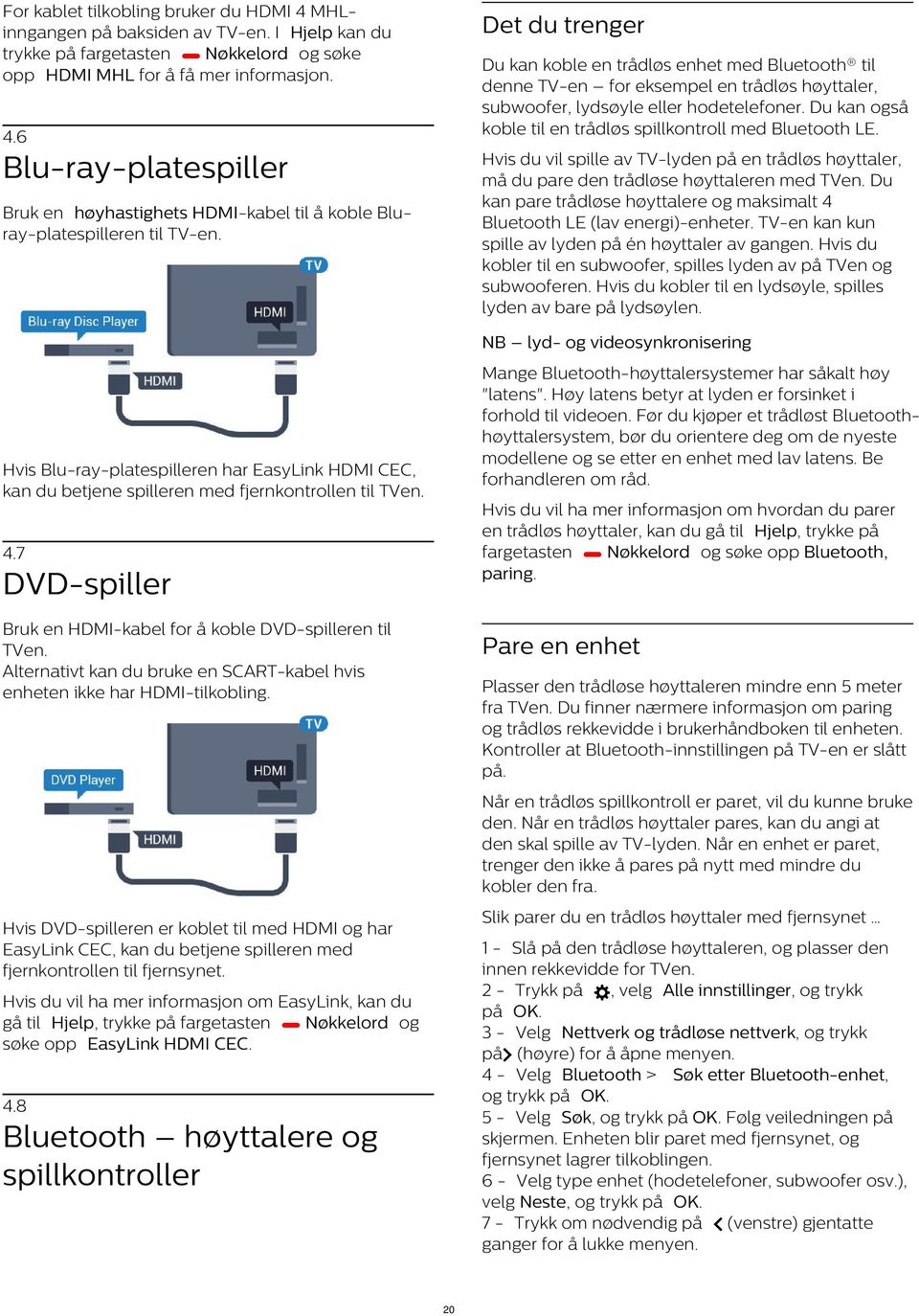 Du kan også koble til en trådløs spillkontroll med Bluetooth LE. 4.6 Hvis du vil spille av TV-lyden på en trådløs høyttaler, må du pare den trådløse høyttaleren med TVen.