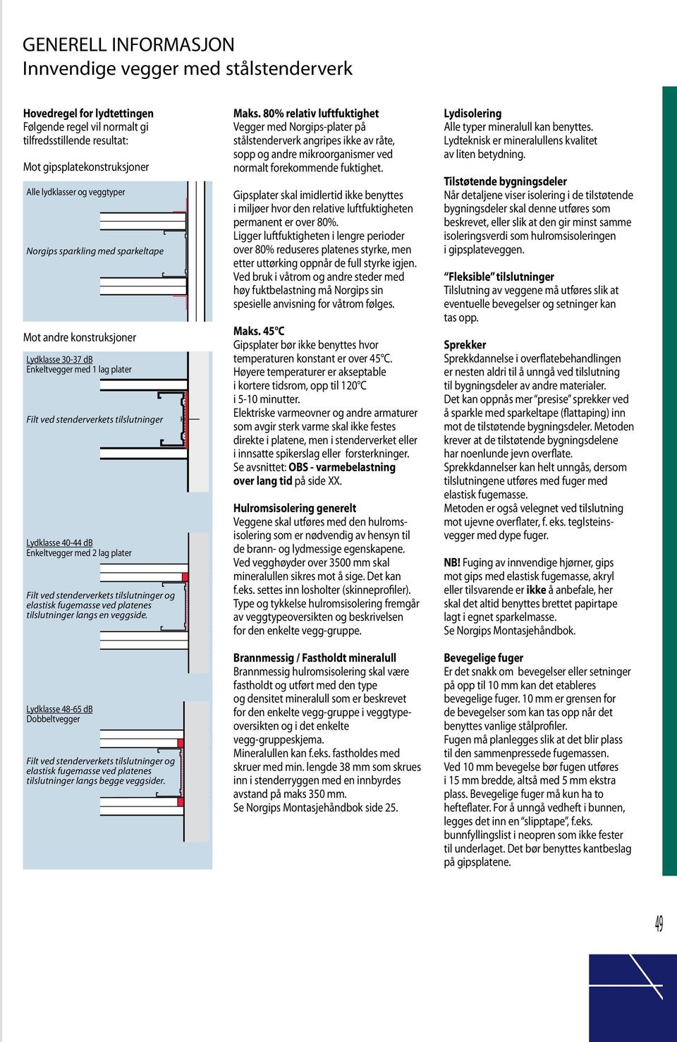 fugemasse ved platenes tilslutninger langs en veggside. Ldklasse - db Dobbeltvegger Filt ved stenderverkets tilslutninger og elastisk fugemasse ved platenes tilslutninger langs begge veggsider. Maks.