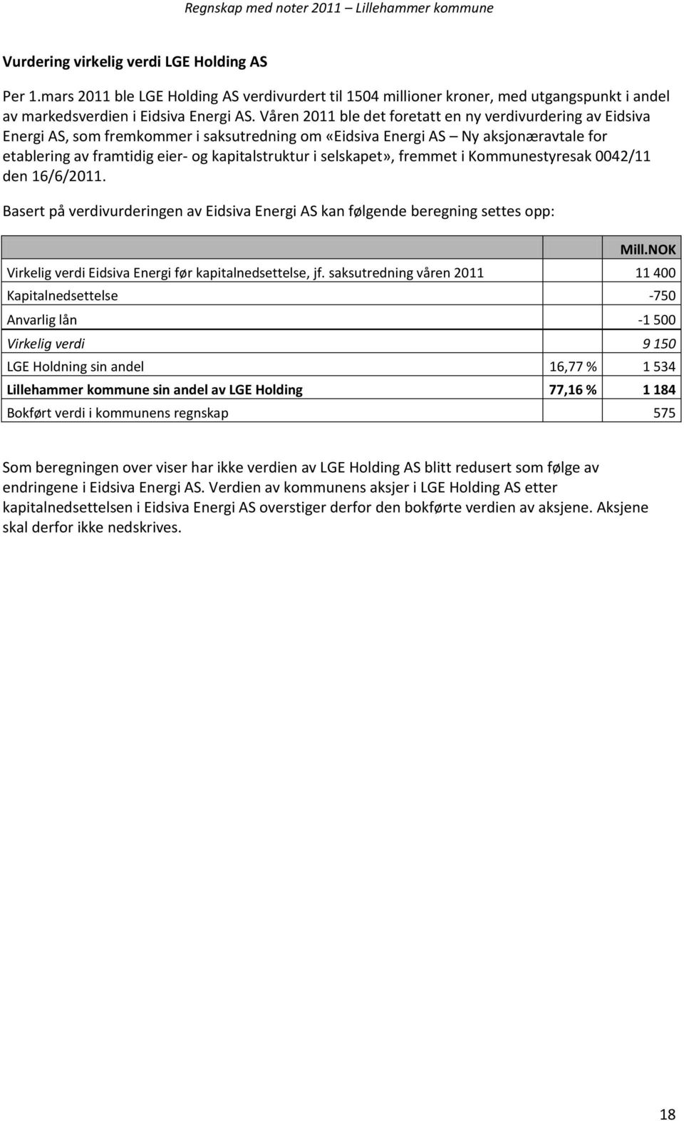 selskapet», fremmet i Kommunestyresak 0042/11 den 16/6/2011. Basert på verdivurderingen av Eidsiva Energi AS kan følgende beregning settes opp: Mill.