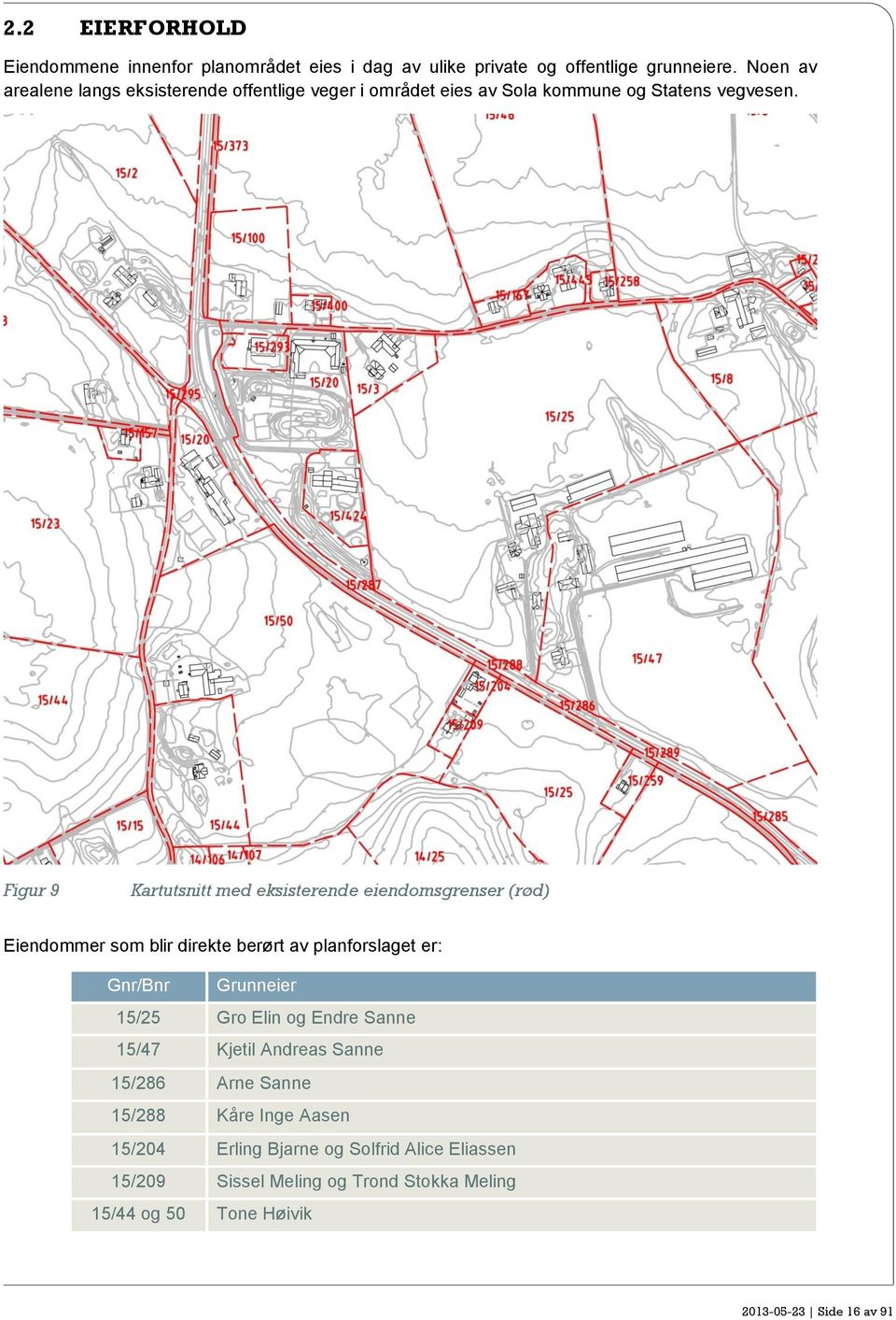 Figur 9 Kartutsnitt med eksisterende eiendomsgrenser (rød) Eiendommer som blir direkte berørt av planforslaget er: Gnr/Bnr Grunneier 15/25 Gro