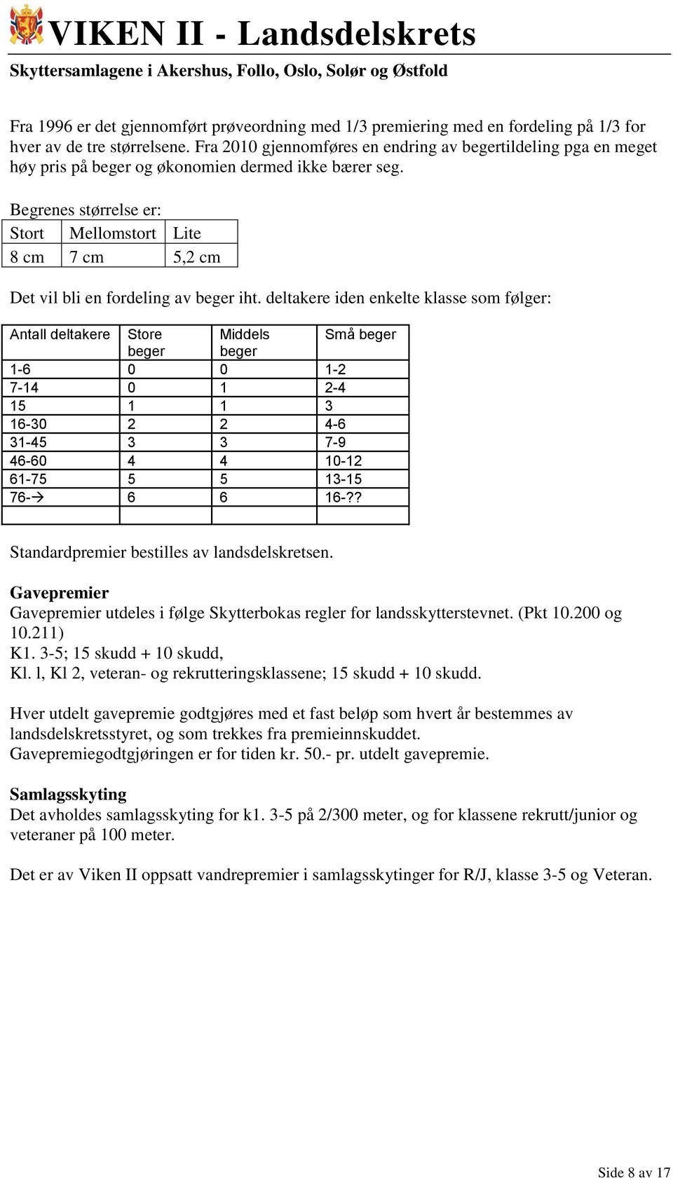 Begrenes størrelse er: Stort Mellomstort Lite 8 cm 7 cm 5,2 cm Det vil bli en fordeling av beger iht.