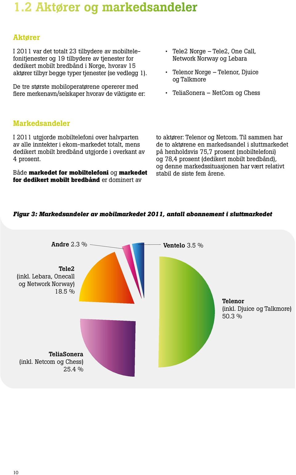 De tre største mobiloperatørene opererer med flere merkenavn/selskaper hvorav de viktigste er: Tele2 Norge Tele2, One Call, Network Norway og Lebara Telenor Norge Telenor, Djuice og Talkmore