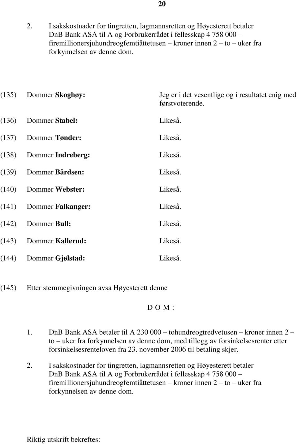 (138) Dommer Indreberg: Likeså. (139) Dommer Bårdsen: Likeså. (140) Dommer Webster: Likeså. (141) Dommer Falkanger: Likeså. (142) Dommer Bull: Likeså. (143) Dommer Kallerud: Likeså.