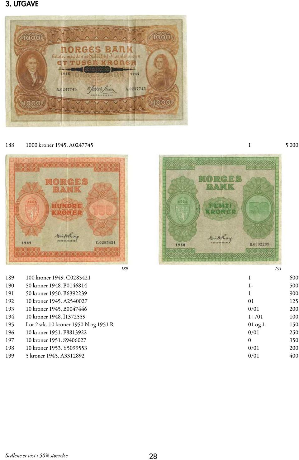 B0047446 0/01 200 194 10 kroner 1948. I1372559 1+/01 100 195 Lot 2 stk.