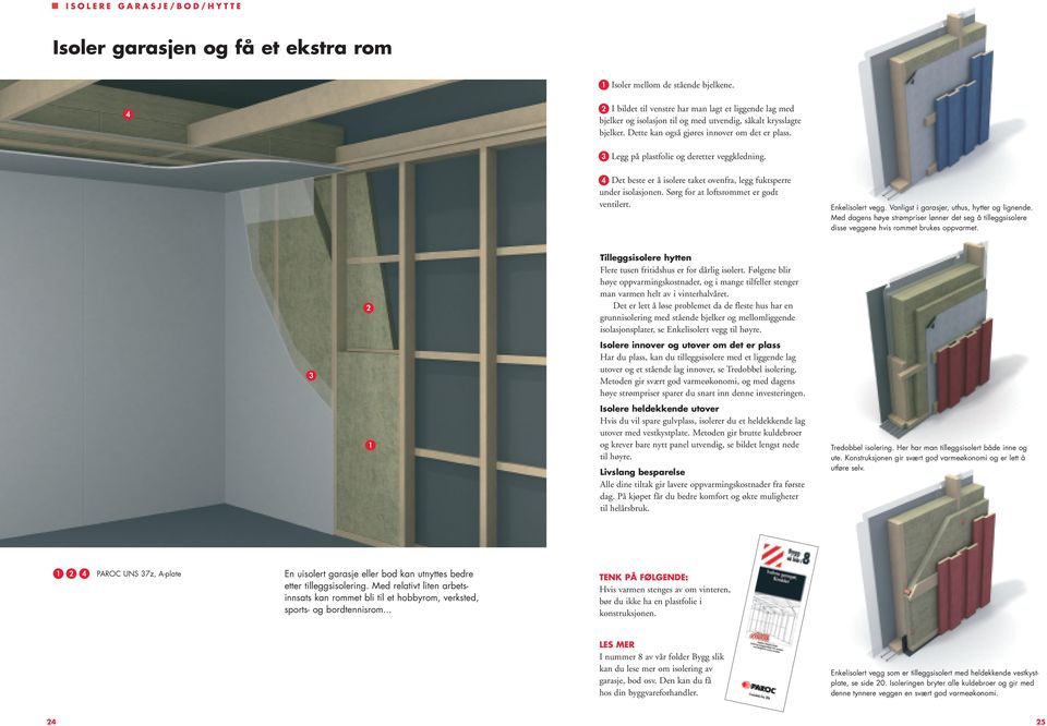 Legg på plastfolie og deretter veggkledning. Det beste er å isolere taket ovenfra, legg fuktsperre under isolasjonen. Sørg for at loftsrommet er godt ventilert. Enkelisolert vegg.