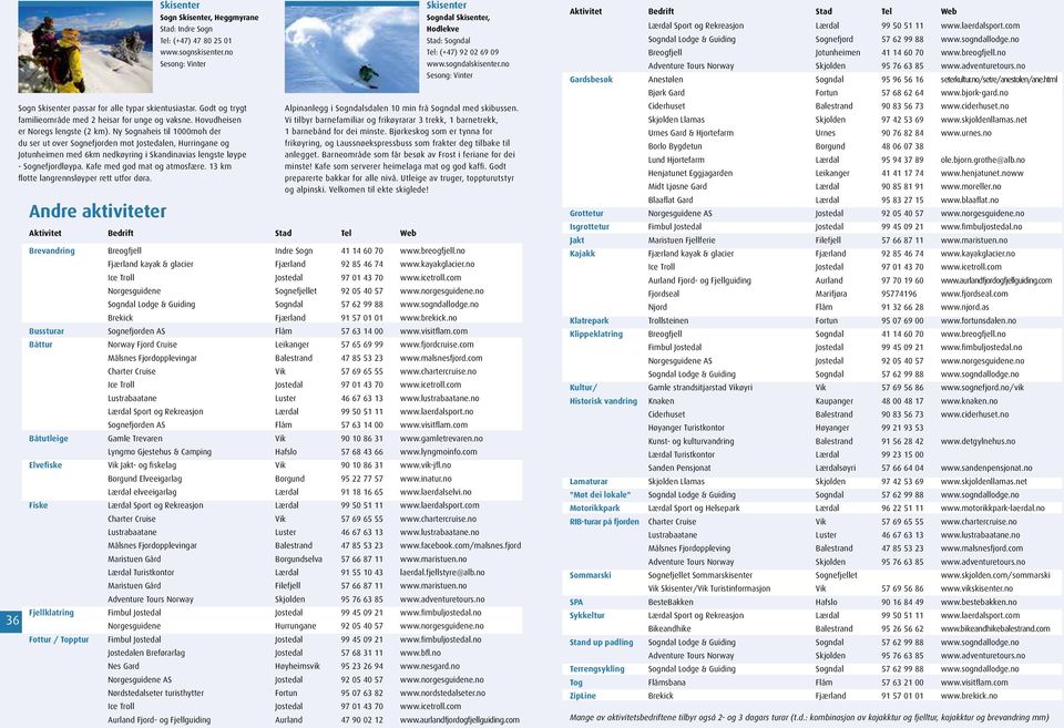 13 km flotte langrennsløyper rett utfor døra. 36 36 Andre aktiviteter Skisenter Sogn Skisenter, Heggmyrane Stad: Indre Sogn Tel: (+47) 47 80 25 01 www.sognskisenter.
