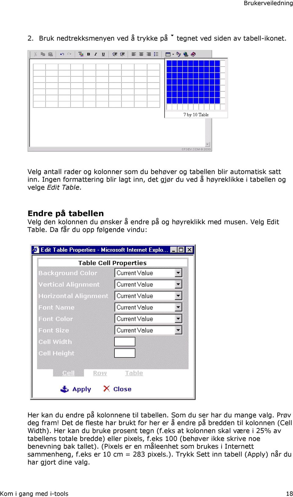 Da får du opp følgende vindu: Her kan du endre på kolonnene til tabellen. Som du ser har du mange valg. Prøv deg fram! Det de fleste har brukt for her er å endre på bredden til kolonnen (Cell Width).