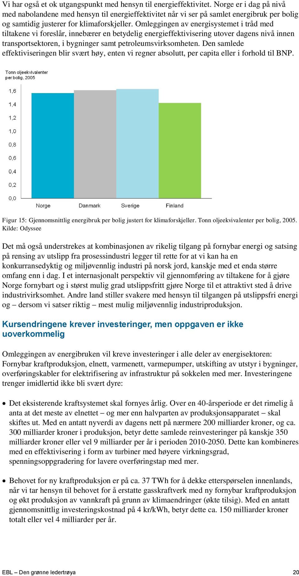 Omleggingen av energisystemet i tråd med tiltakene vi foreslår, innebærer en betydelig energieffektivisering utover dagens nivå innen transportsektoren, i bygninger samt petroleumsvirksomheten.