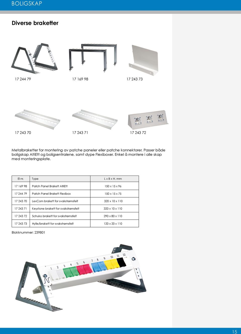 Type L x B x H, mm 17 169 98 Patch Panel Brakett AltiEtt 150 x 15 x 96 17 244 79 Patch Panel Brakett Flexibox 150 x 15 x 75 17 243 70 LexCom brakett for svakstrømsfelt