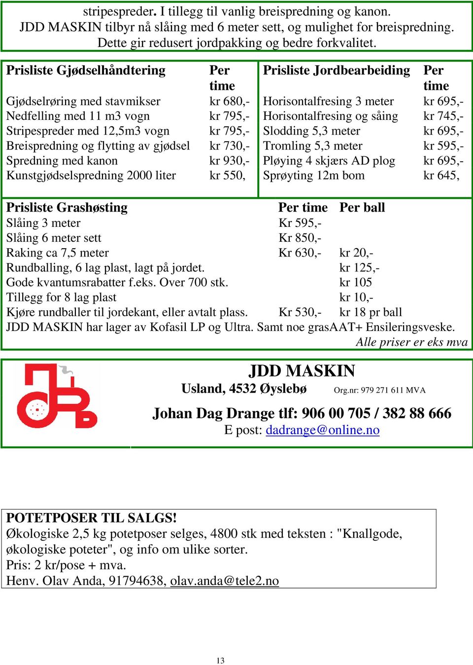og såing kr 745,- Stripespreder med 12,5m3 vogn kr 795,- Slodding 5,3 meter kr 695,- Breispredning og flytting av gjødsel kr 730,- Tromling 5,3 meter kr 595,- Spredning med kanon kr 930,- Pløying 4