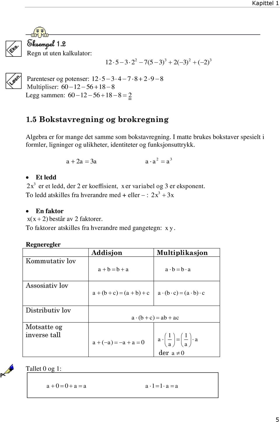 I mtte brukes bokstver spesielt i formler, ligninger og ulikheter, identiteter og funksjonsuttrykk. Et ledd er et ledd, der er koeffisient, er vribel og er eksponent.