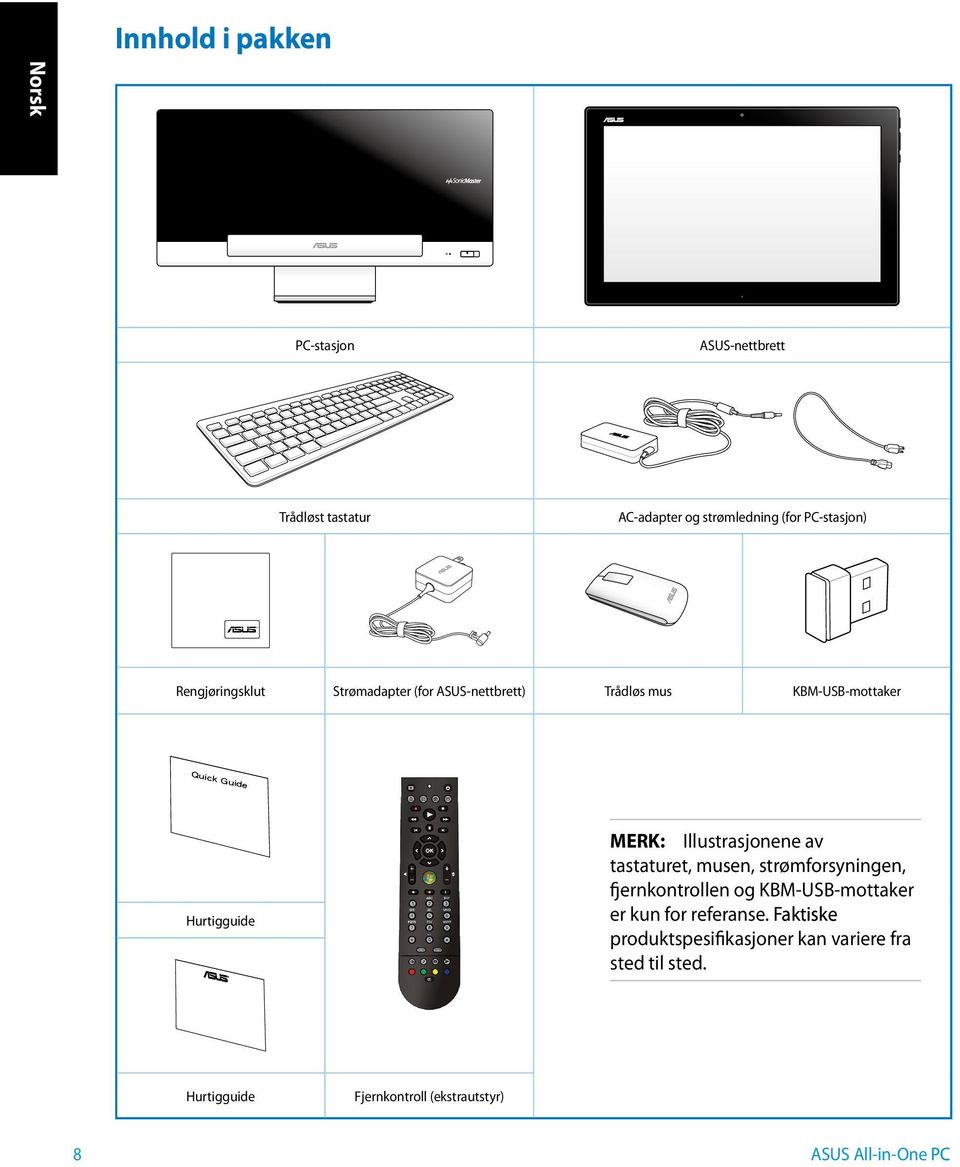 Illustrasjonene av tastaturet, musen, strømforsyningen, fjernkontrollen og KBM-USB-mottaker er kun for