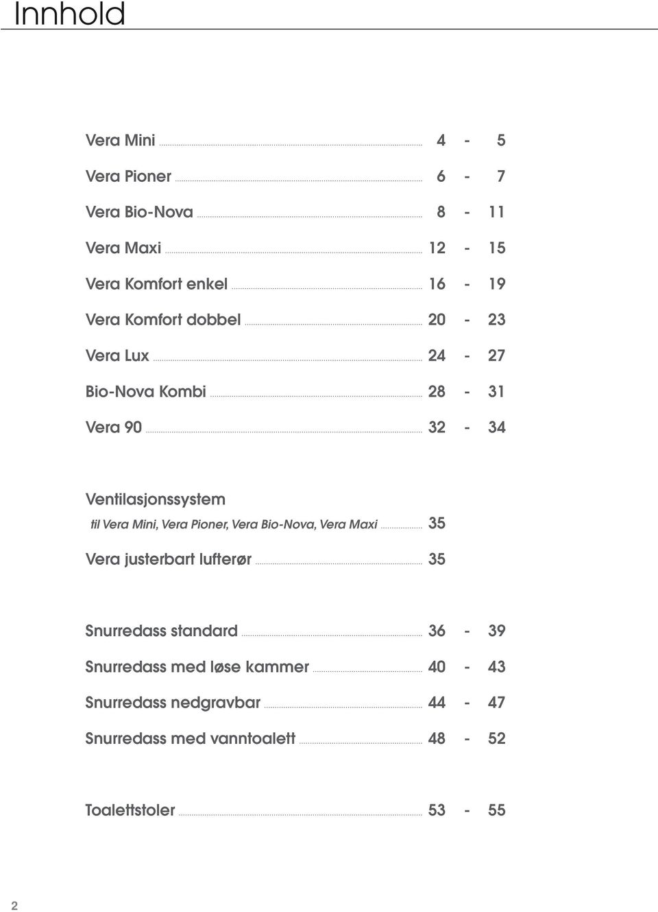 Vera Pioner, Vera Bio-Nova, Vera Maxi 35 Vera justerbart lufterør 35 Snurredass standard 36-39