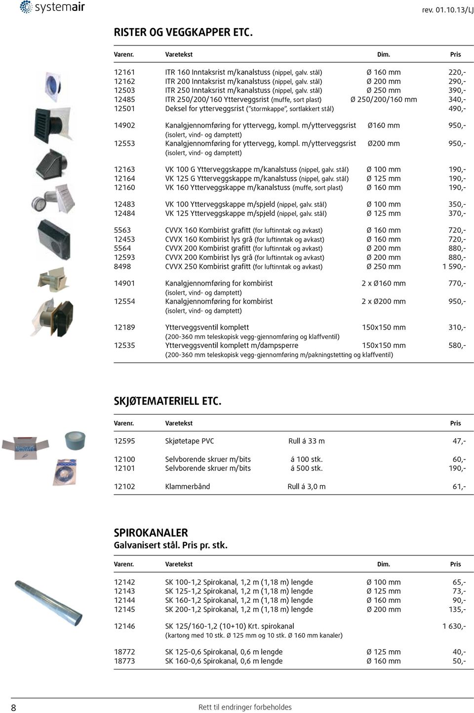 stål) Ø 250 mm 390,- 12485 ITR 250/200/160 Ytterveggsrist (muffe, sort plast) Ø 250/200/160 mm 340,- 12501 Deksel for ytterveggsrist ( stormkappe, sortlakkert stål) 490,- 14902 Kanalgjennomføring for