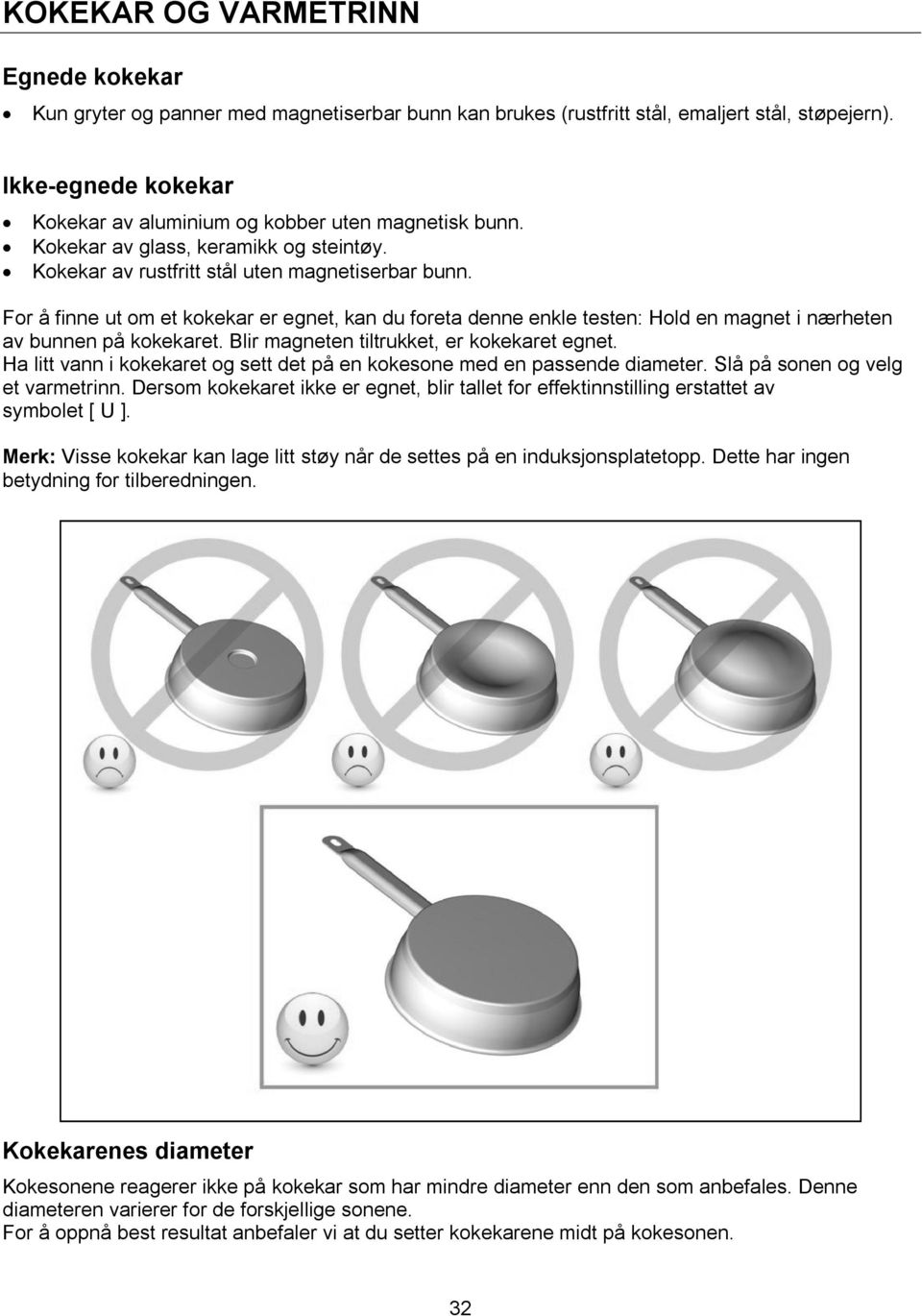 For å finne ut om et kokekar er egnet, kan du foreta denne enkle testen: Hold en magnet i nærheten av bunnen på kokekaret. Blir magneten tiltrukket, er kokekaret egnet.