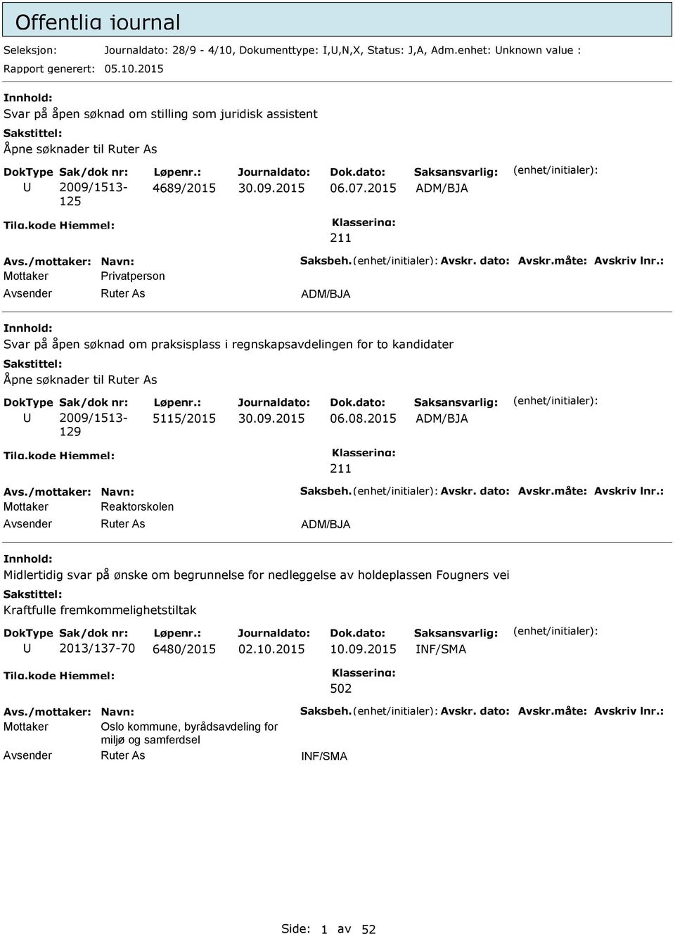 : Mottaker Privatperson ADM/BJA Svar på åpen søknad om praksisplass i regnskapsavdelingen for to kandidater Åpne søknader til 2009/1513-129 5115/2015 06.08.2015 ADM/BJA 211 Avs.