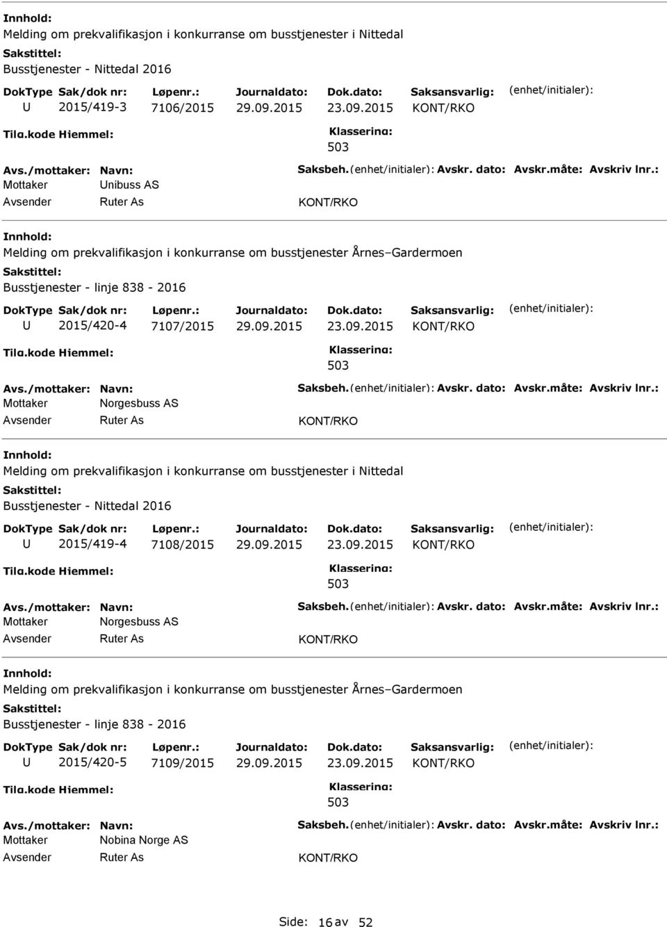 dato: Avskr.måte: Avskriv lnr.: Mottaker Norgesbuss AS Melding om prekvalifikasjon i konkurranse om busstjenester i Nittedal Busstjenester - Nittedal 2016 2015/419-4 7108/2015 23.09.2015 Avs.