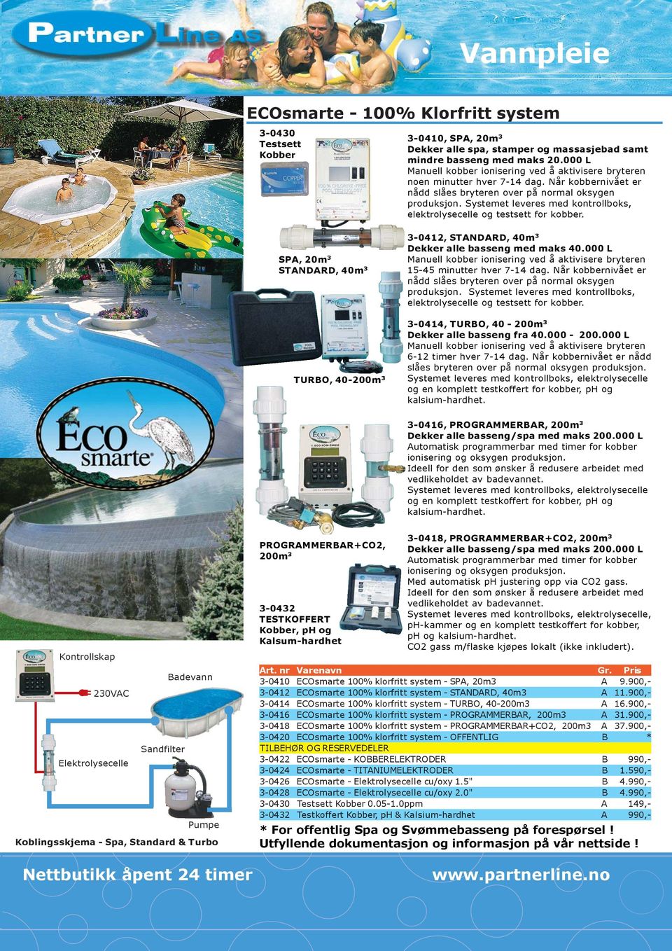 Systemet leveres med kontrollboks, elektrolysecelle og testsett for kobber. SPA, 20m 3 STANDARD, 40m 3 TURBO, 40-200m 3 3-0412, STANDARD, 40m 3 Dekker alle basseng med maks 40.