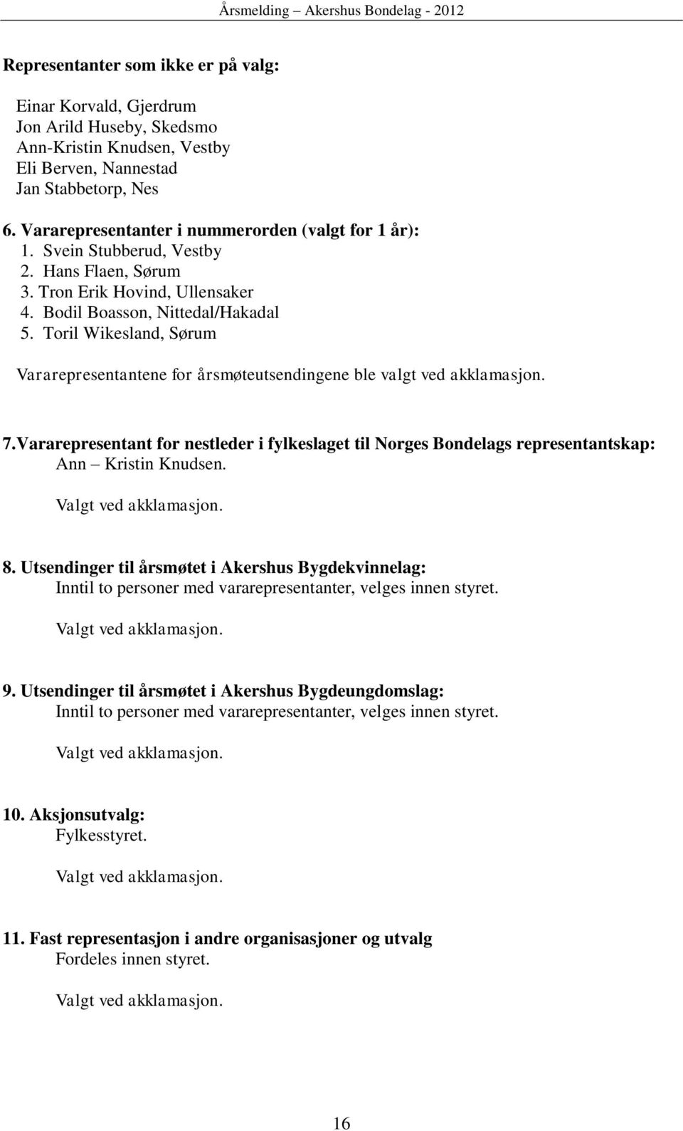 Toril Wikesland, Sørum Vararepresentantene for årsmøteutsendingene ble valgt ved akklamasjon. 7.Vararepresentant for nestleder i fylkeslaget til Norges Bondelags representantskap: Ann Kristin Knudsen.