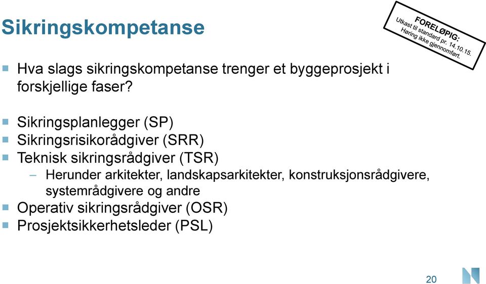 Sikringsplanlegger (SP) Sikringsrisikorådgiver (SRR) Teknisk sikringsrådgiver (TSR)