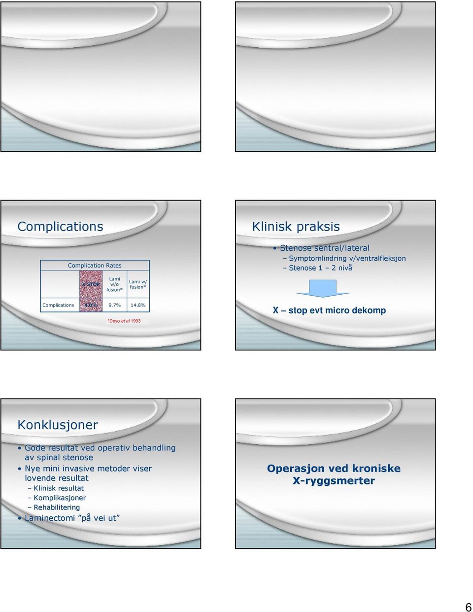 8% X stop evt micro dekomp *Deyo et al 1993 Konklusjoner Gode resultat ved operativ behandling av spinal stenose