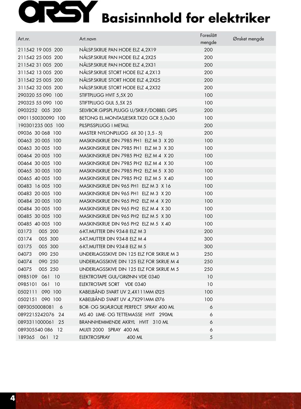 SKRUE STORT HODE ELZ 4,2X32 200 290320 55 090 100 STIFTPLUGG HVIT 5,5X 20 100 290325 55 090 100 STIFTPLUGG GUL 5,5X 25 100 0903252 005 200 SELVBOR.GIPSPL.PLUGG U/SKR.