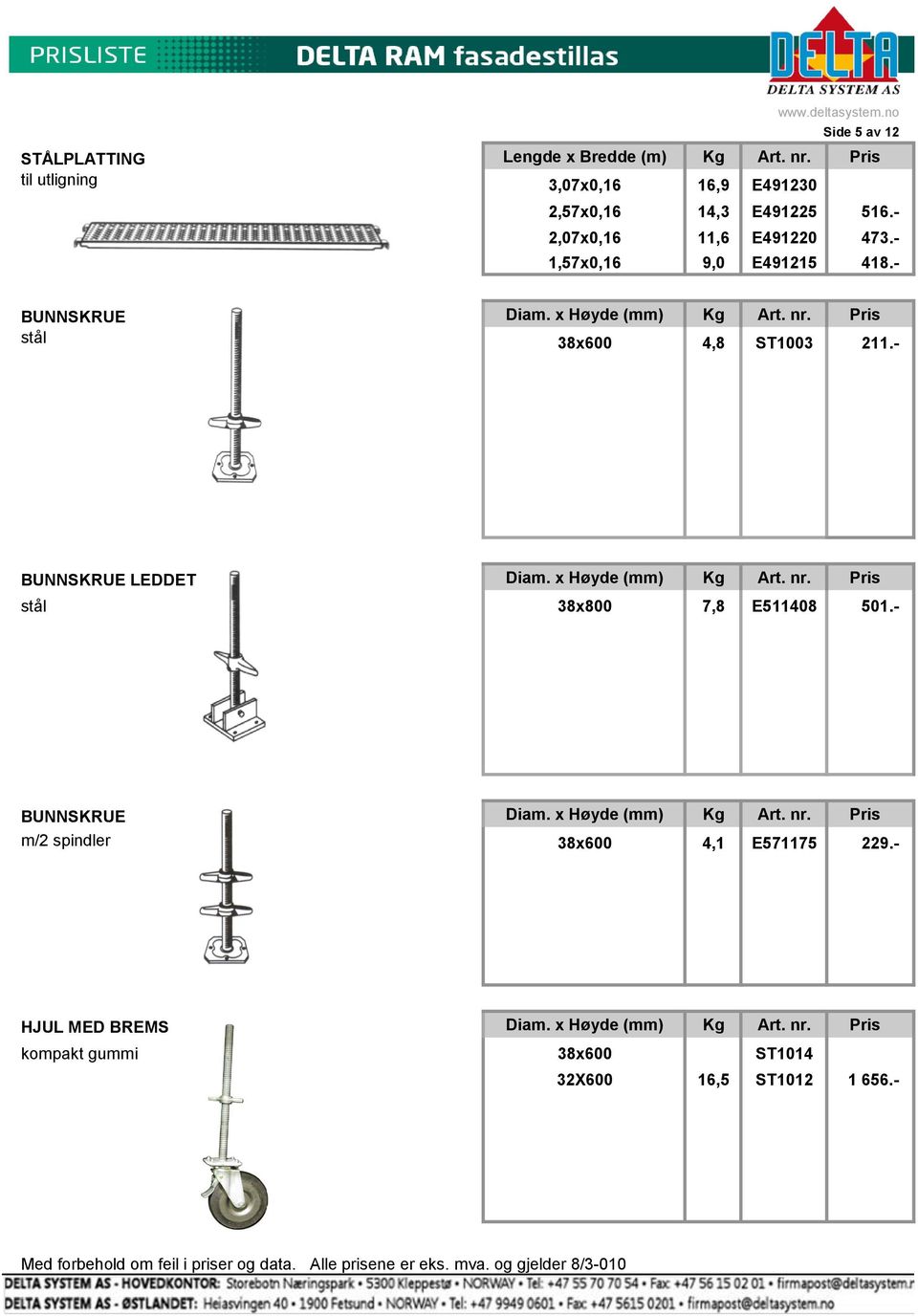 x Høyde (mm) Kg Art. nr. Pris stål 38x800 7,8 E511408 501.- BUNNSKRUE Diam. x Høyde (mm) Kg Art. nr. Pris m/2 spindler 38x600 4,1 E571175 229.