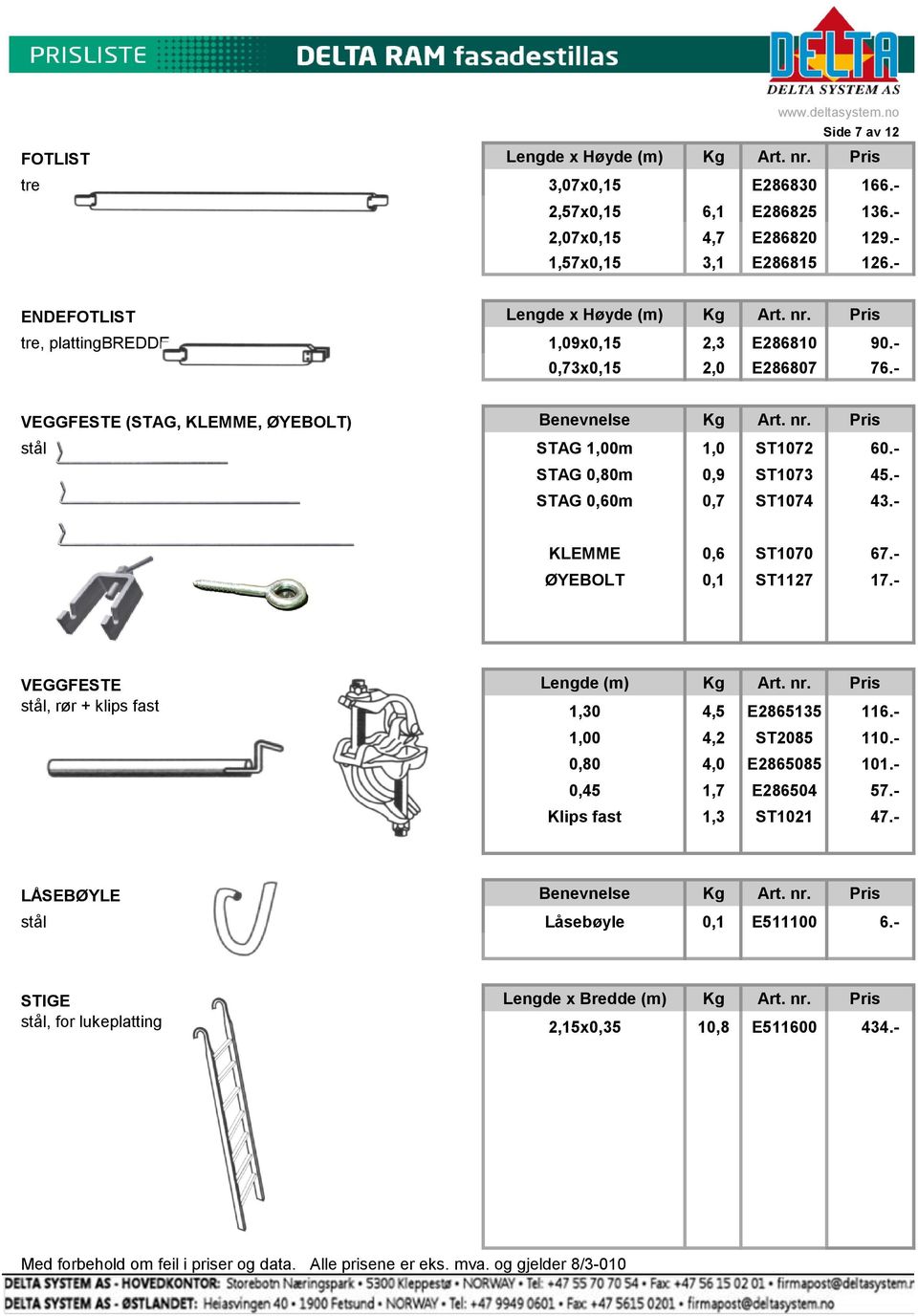 - STAG 0,80m 0,9 ST1073 45.- STAG 0,60m 0,7 ST1074 43.- KLEMME 0,6 ST1070 67.- ØYEBOLT 0,1 ST1127 17.- VEGGFESTE Lengde (m) Kg Art. nr. Pris stål, rør + klips fast 1,30 4,5 E2865135 116.