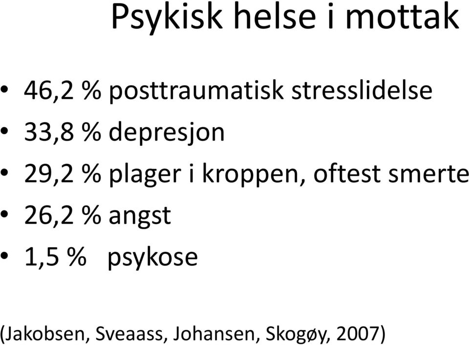 kroppen, oftest smerte 26,2 % angst 1,5 %