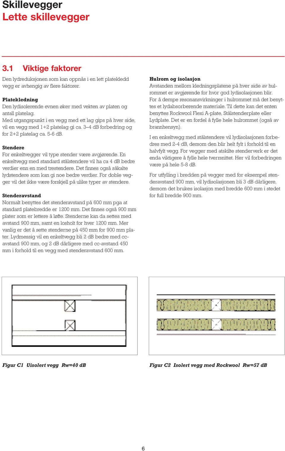 db forbedring og for + platelag ca. 5-6 db. Stendere For enkeltvegger vil type stender være avgjørende. En enkeltvegg med standard stålstendere vil ha ca db bedre verdier enn en med trestendere.