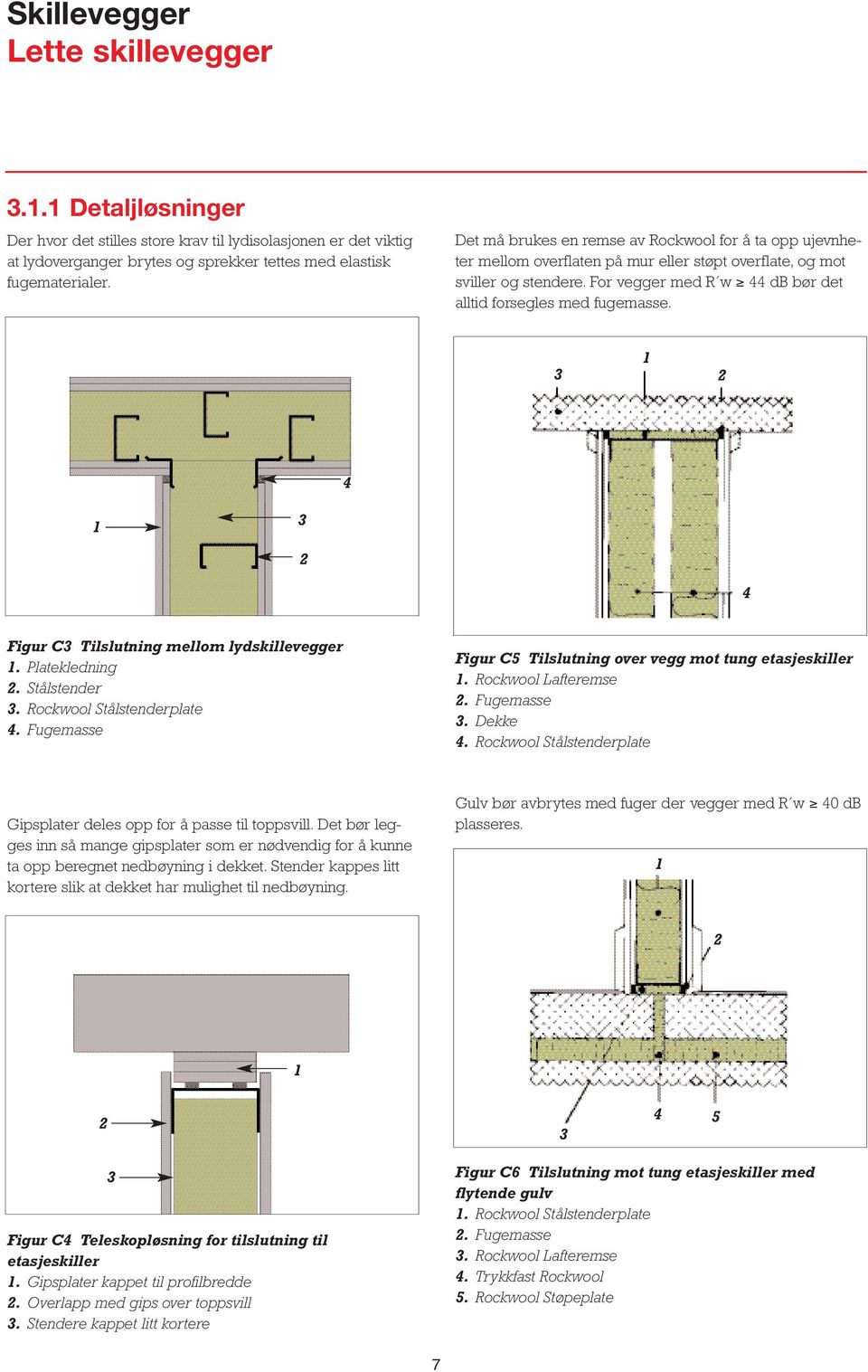 Figur C Tilslutning mellom lydskillevegger. Platekledning. Stålstender. Rockwool Stålstenderplate. Fugemasse Figur C5 Tilslutning over vegg mot tung etasjeskiller. Rockwool Lafteremse. Fugemasse. Dekke.