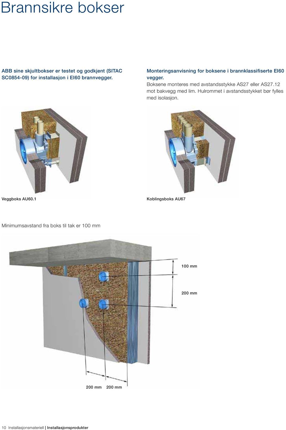 Boksene monteres med avstandsstykke AS27 eller AS27.12 mot bakvegg med lim.