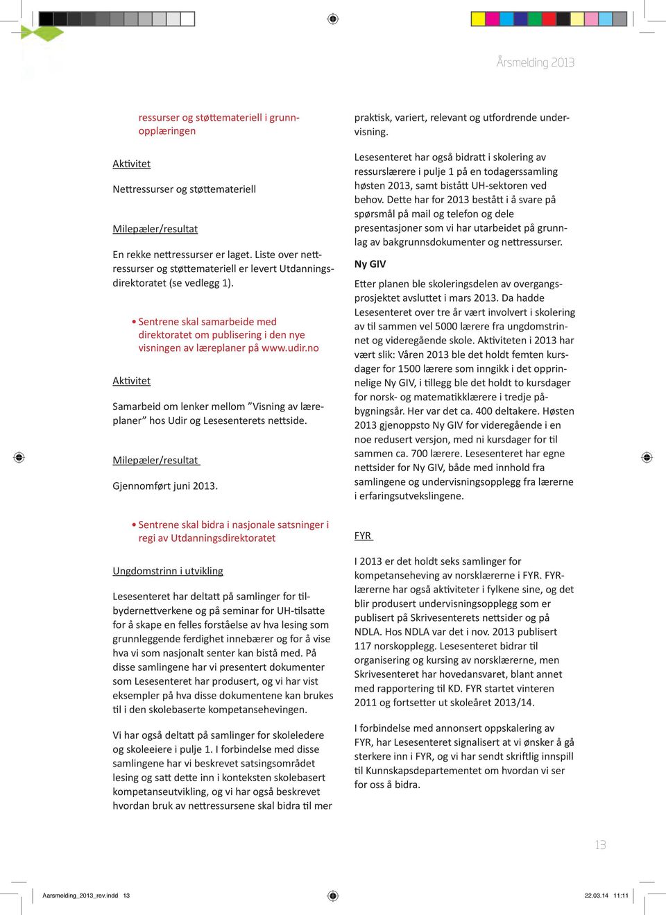 no Aktivitet Samarbeid om lenker mellom Visning av læreplaner hos Udir og Lesesenterets nettside. Milepæler/resultat Gjennomført juni 2013.