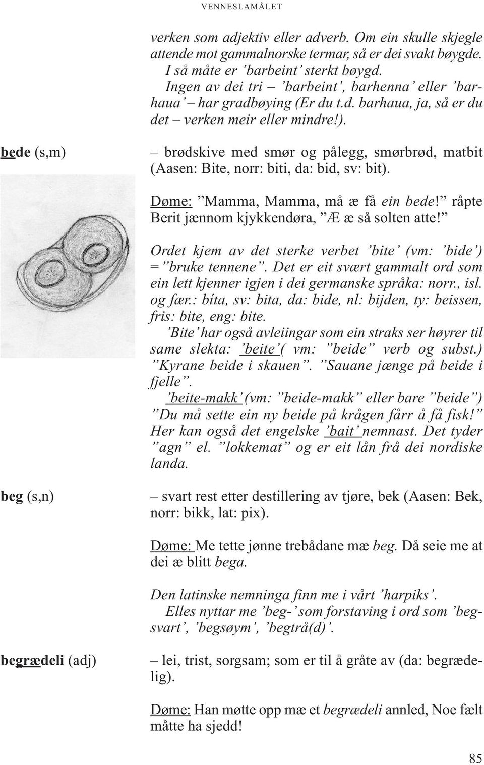 bede (s,m) brødskive med smør og pålegg, smørbrød, matbit (Aasen: Bite, norr: biti, da: bid, sv: bit). Døme: Mamma, Mamma, må æ få ein bede! råpte Berit jænnom kjykkendøra, Æ æ så solten atte!