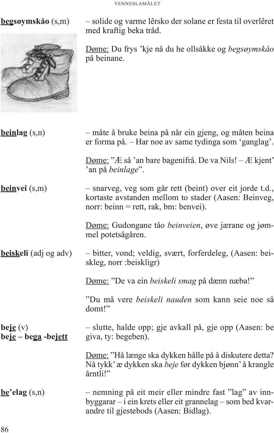 beinvei (s,m) snarveg, veg som går rett (beint) over eit jorde t.d., kortaste avstanden mellom to stader (Aasen: Beinveg, norr: beinn = rett, rak, bm: benvei).