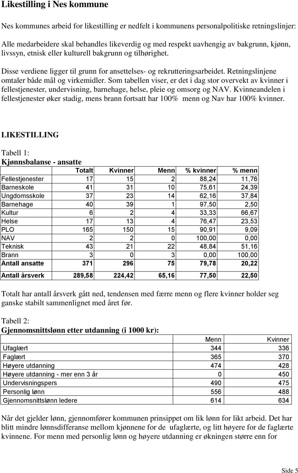 Som tabellen viser, er det i dag stor overvekt av kvinner i fellestjenester, undervisning, barnehage, helse, pleie og omsorg og NAV.