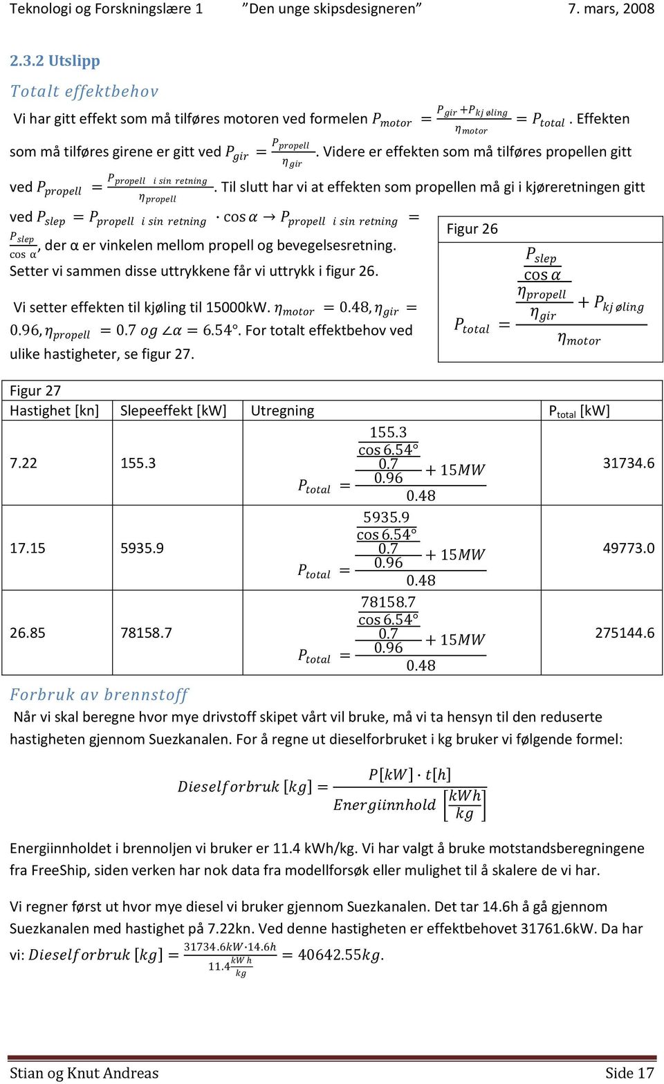 Til slutt har vi at effekten som propellen må gi i kjøreretningen gitt ved P slep = P propell i sin retning cos α P propell i sin retning = P slep, der α er vinkelen mellom propell og