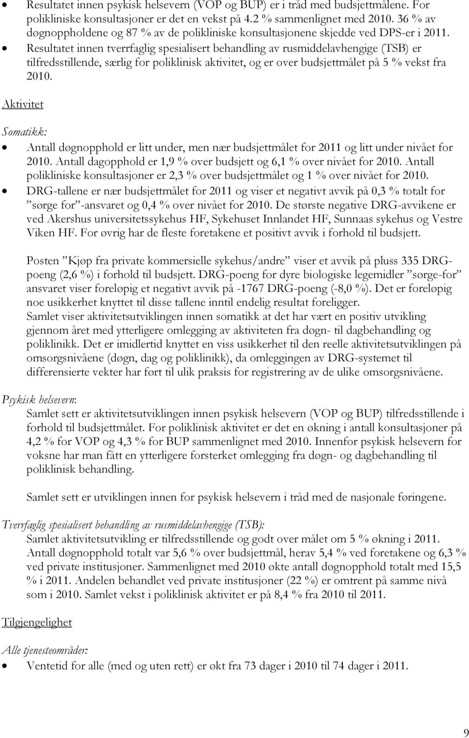 Resultatet innen tverrfaglig spesialisert behandling av rusmiddelavhengige (TSB) er tilfredsstillende, særlig for poliklinisk aktivitet, og er over budsjettmålet på 5 % vekst fra 2010.
