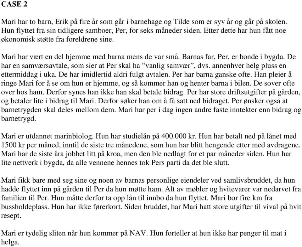 De har en samværsavtale, som sier at Per skal ha vanlig samvær, dvs. annenhver helg pluss en ettermiddag i uka. De har imidlertid aldri fulgt avtalen. Per har barna ganske ofte.