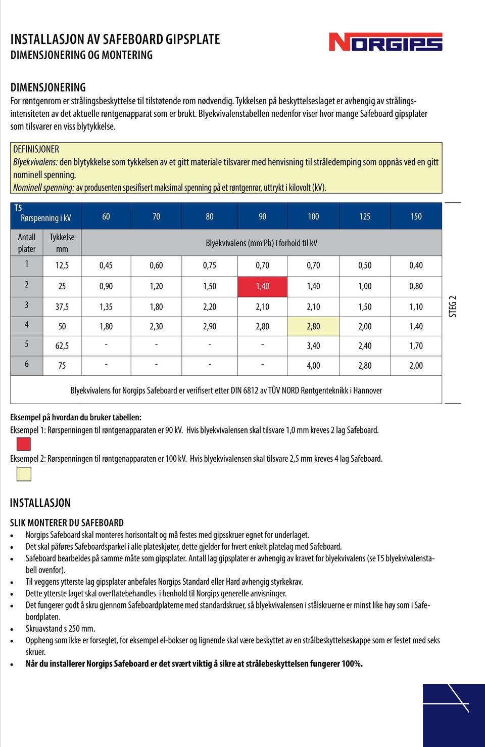 Blyekvivalenstabellen nedenfor viser hvor mange Safeboard gipsplater som tilsvarer en viss blytykkelse.