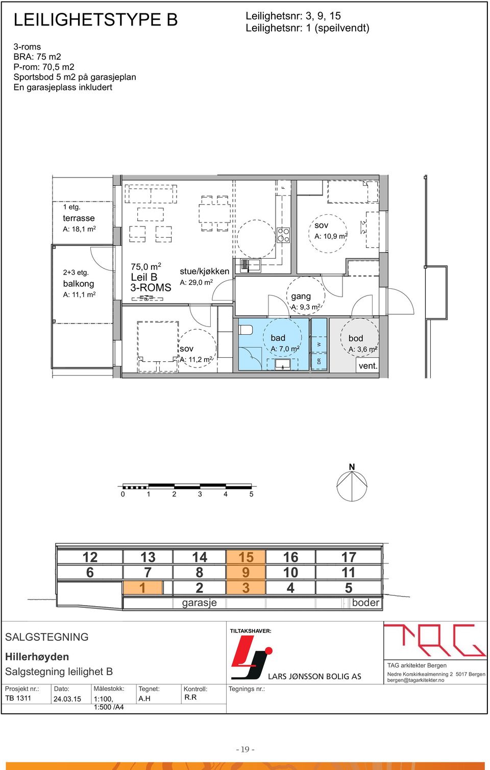 balkong A: 11,1 m 2 75,0 m 2 Leil B 3-ROMS stue/kjøkken A: 29,0 m 2 gang A: 9,3 m 2 sov A: 11,2 m 2 bad bod A: 7,0 m 2 A: 3,6 m 2 W DR vent.