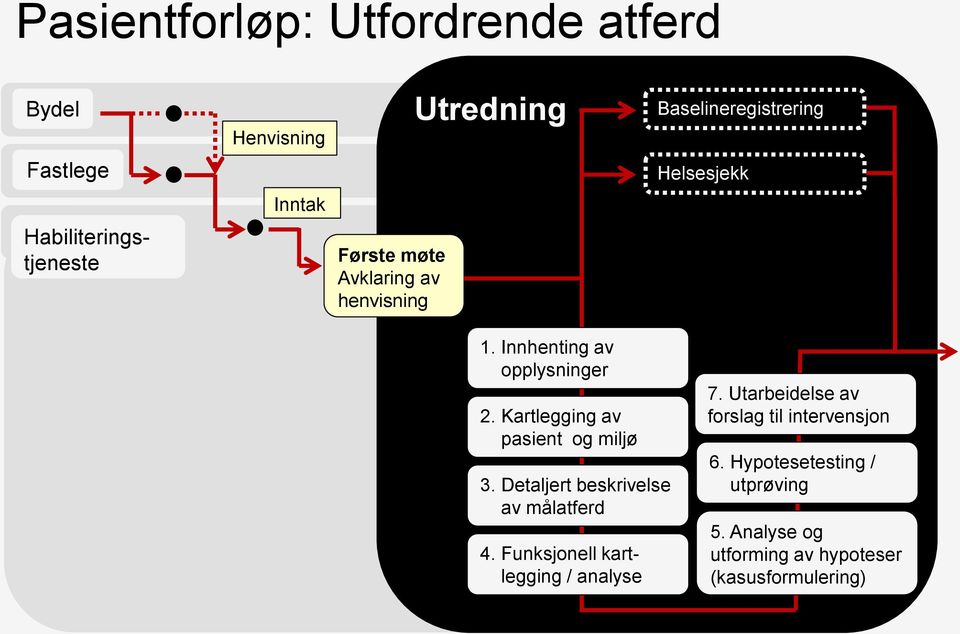 Kartlegging av pasient og miljø 3. Detaljert beskrivelse av målatferd 4. Funksjonell kartlegging / analyse 7.